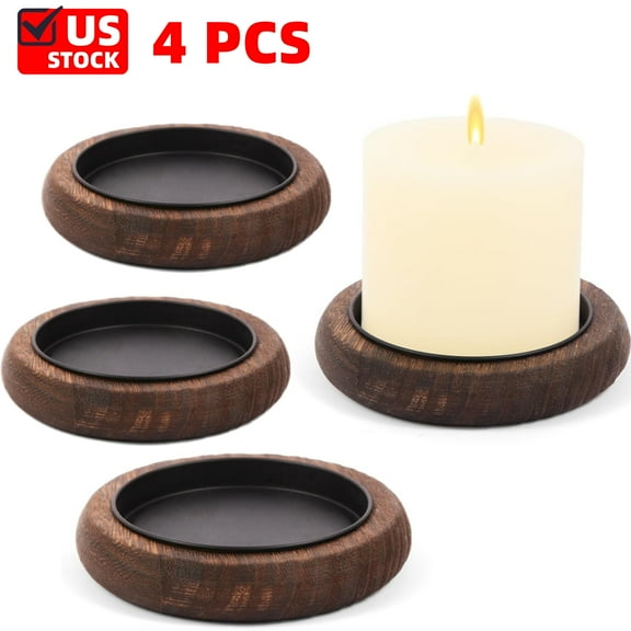 4PCS Wood Candle Holder Farmhouse Decor Wooden Pillar Candles Tray for Table Centerpiece Small Decorative Tray Riser Round Wooden Plate Pedestal Stand for Christmas Decor