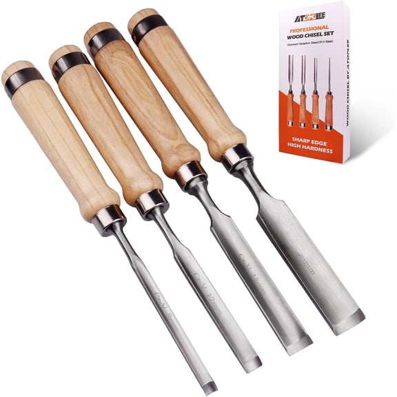 4PCS Wood Chisel Set,Curved Inner Bevel Woodworking Chisel Chrome Vanadium Steel 5/16",1/2",3/4",1" for DIY,Carpenter Craftsman,Beginners Hobbyists