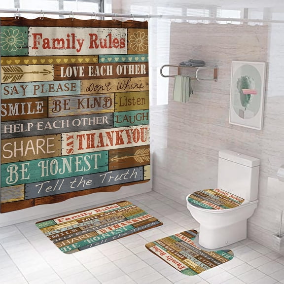 4PCS Wooden and Quote Shower Curtain Sets with Rugs, Toilet Lid Cover and Bath Mat, Motivational Bathroom Sets with Shower Curtain and Hooks, Rustic Shower Curtains for Bathroom Decor, 71"x71"