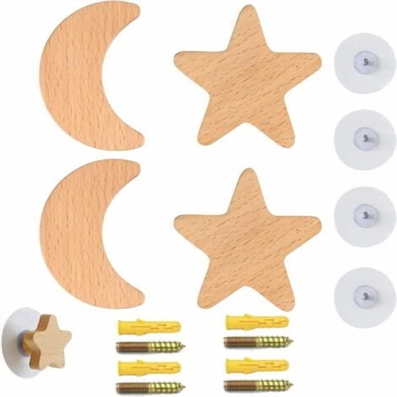 4PCS Wooden Wall Hook Self Adhesive Decoration Hooks Cabinet Star Moon Shape Coat Hanger Hanging Clothes Hat Scarves and Headphone for Bedroom Living Room Hallway