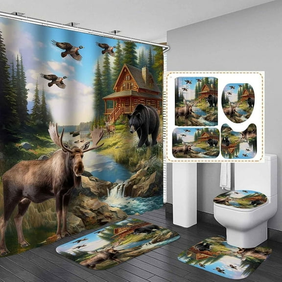 4PCS Woodland Animals Shower Curtain Set, Black Bear Moose Deer Red Green Plaid Country Rustic Farmhouse Lodge Cabin Christmas Bathroom Decor, Non-slip Bath Mat Bathroom Rugs, Hunting Gifts
