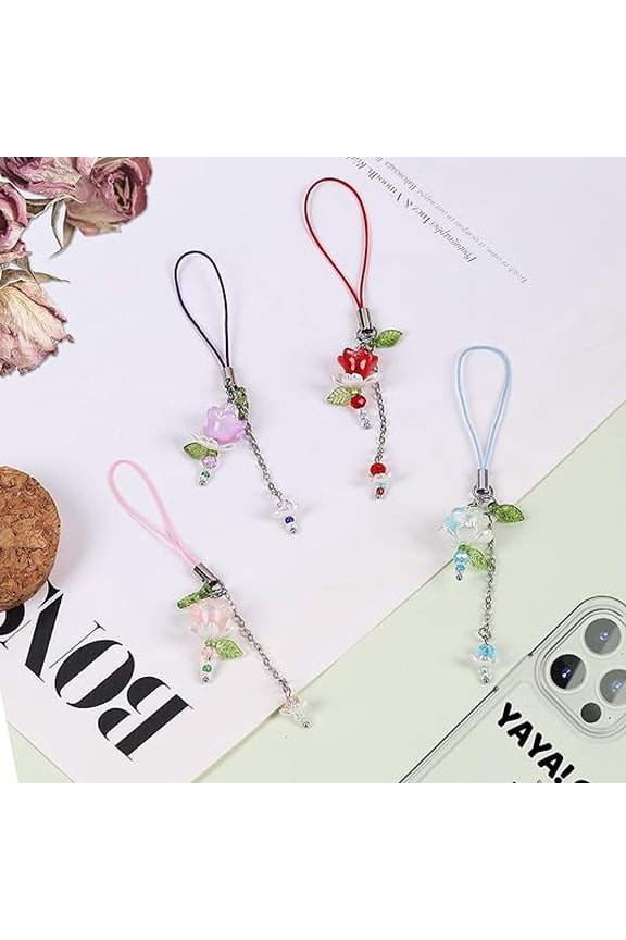 4PCS Y2K Lotus Flower Phone Charms | Cute Beaded Resin Cell Phone Straps, Aesthetic Keychain Bag Pendants for Women Gift.