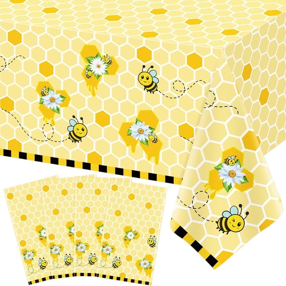 4PCS Yellow Bee Tablecloth Honey Table Covers Sweet as Can Bee Table Cloth Honey Bee Day Tablecloths for Bees Theme Baby Shower Birthday Party Decoration 86X51IN