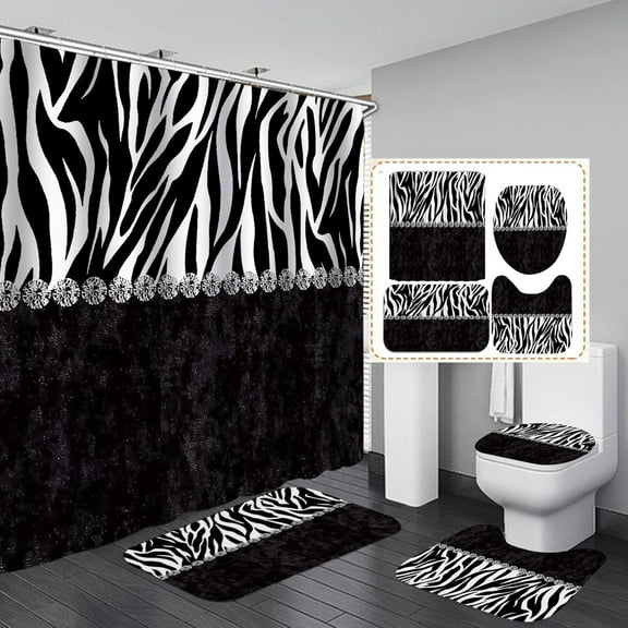 4PCS Zebra Print Shower Curtain Set, Positive Inspirational Quotes Black and White Striped African Safari Animal Skin Modern Bathroom Decor Non-slip Bath Mat Toilet Rug, Live Laugh Love