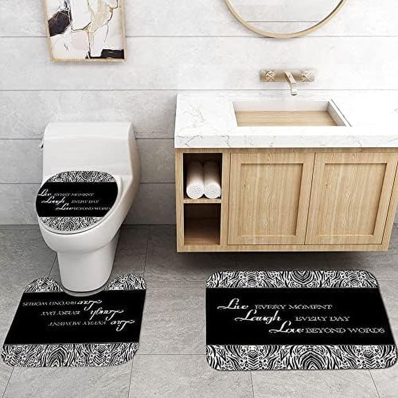 4PCS Zebra Print Shower Curtain Set with Rug, Toilet Lid Cover and Bath Mat, Inspirational Quotes Shower Curtain with 12 Hooks, Complete Shower Curtain for Bathroom Set