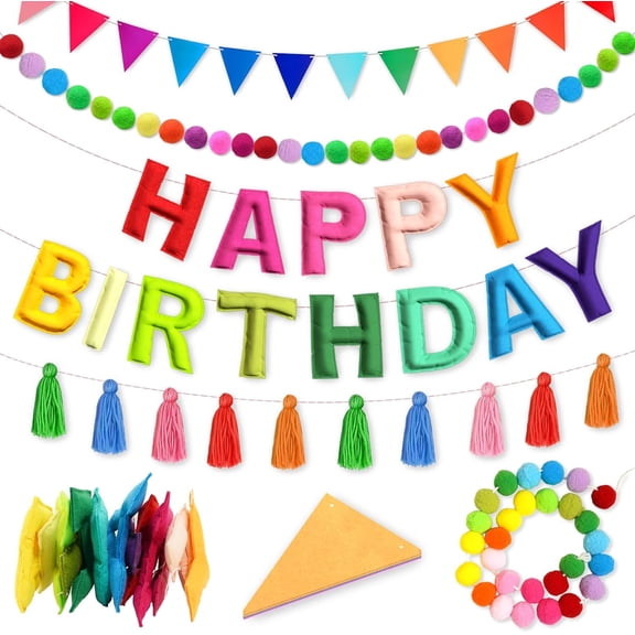 4PCS pre-strung Happy Birthday banner - felt Happy Birthday wreath, ball wreath, felt triangular flags, colorful tassel rainbow party decorations, suitable for females, males, children