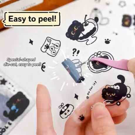 4PCSLittle Black Cat Journal Stickers, Cartoon Black Kitten PET, Waterproof DIY, Decorative Stickers for Water Cups and Phone Cases