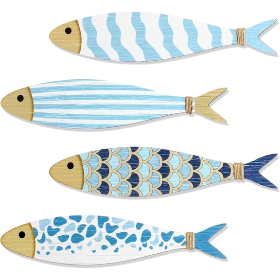 4PCSVintage Beach Wall Decor Wooden Fish Nautical Wall Art Coastal Wall Art Blue Fish Wall Sculpture Lake House Hanging Decor Ocean Room Decor for Bathroom Bedroom