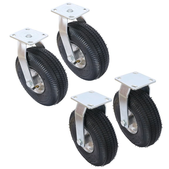 4PCs 10" Pneumatic Caster Wheels (2 Swivel + 2 Rigid), 300lb Capacity, 5/8" Bore, Ball Bearing Steel Hub for Industrial Use