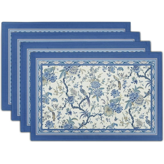 4PCs Chinoiserie Placemats Blue White Floral Birds Decorative Linen ...