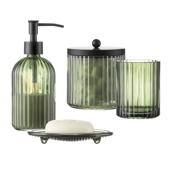 4PCs Heavy Weight Decent Glass Bathroom Accessories Set with Decorative Pressed Pattern - Includes Hand Soap Dispenser & Tumbler & Soap Dish & Toothbrush Holder
