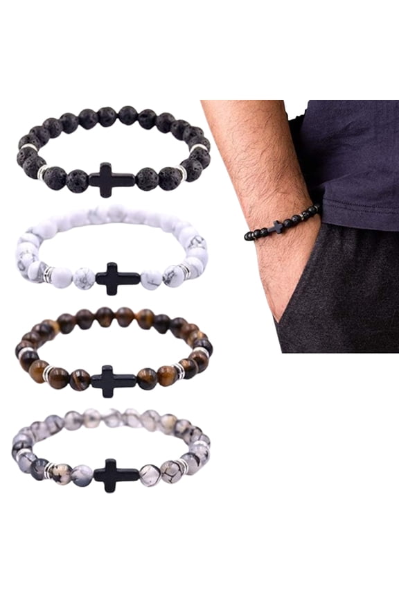 4PCs Natural Lava Stone Bracelet, Aromatherapy Diffuser & Anxiety Relief, Stretch Bead Bracelets with Cross Charm, Unisex Gift for Yoga Meditation