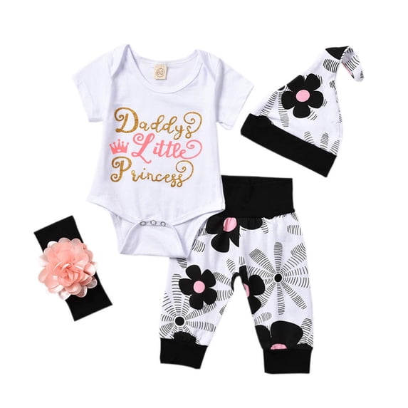 4PCs Newborn Kids Baby Girl Outfit Daddy Little Princess Romper Flowers Pants Hat Flower Headband