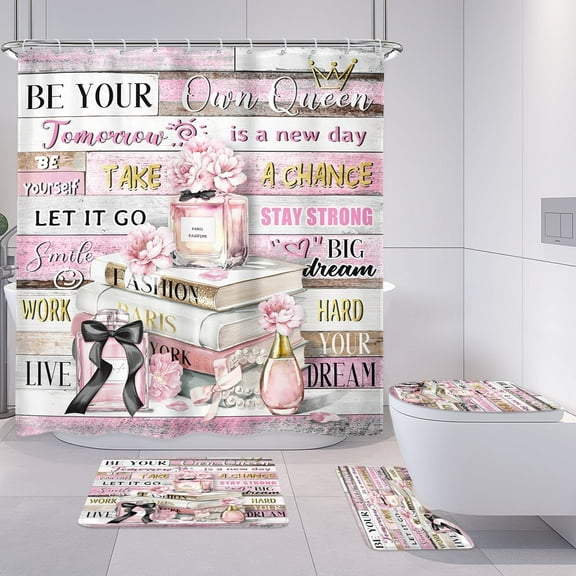 4PCs Pink Shower Curtain Sets Bathroom Set with Non-Slip Rugs, Toilet Lid Cover and Bath Mat Girly Fashion Pretty Designer Waterproof 12 Pack Hooks 72x72 inch Women Shower Curtain Decor