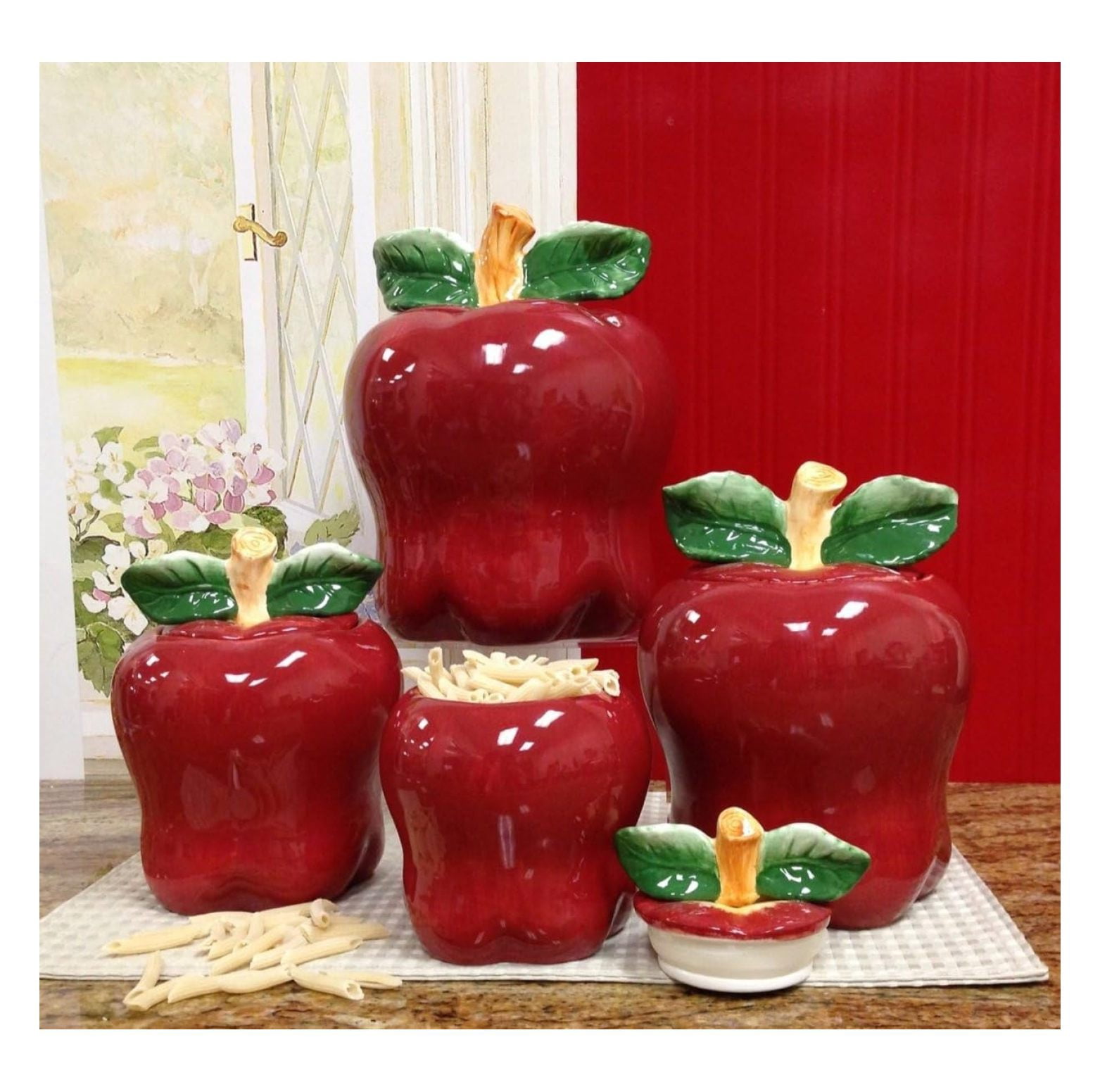 4PCs Shaped Red Hand Painted Ceramic Canister, Kitchen StorageJar, Food