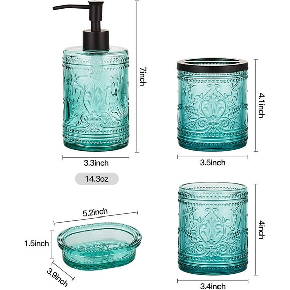 4PCs Teal Blue Glass Bathroom Accessories Set with Decorative Pressed Pattern - Hand Soap Dispenser, Tumbler, Soap Dish & Toothbrush Holder