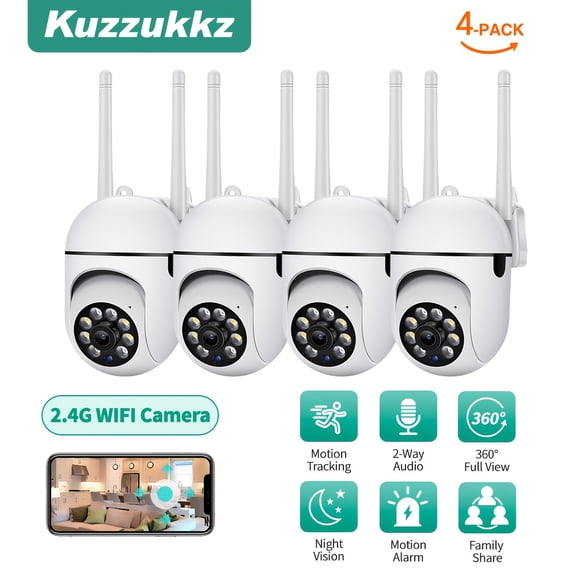 "4PK 1080P HD Security Cameras - Wireless 2.4GHz, Auto Tracking, 360 PTZ, Color Night Vision, 2-Way Audio, Motion Alerts for Home/Pet/Elder Monitoring (Wall Mount)"