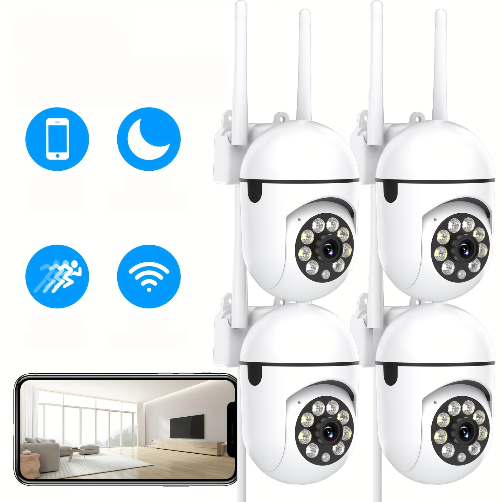 "4PK 1080P Security Cameras - Wireless WiFi Indoor/Outdoor, Color Night Vision, 2-Way Audio, PTZ Motion Tracking, USB Powered for Home/Pet/Elder Monitoring - Ideal Christmas Gift"