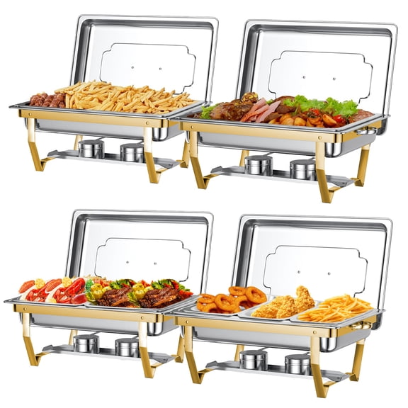 4 Pack Chafing Dish Buffet Set 9QT Stainless Steel Chafing Dishes, Single/Double/Triple Compartment, Buffet Server Food Warmer for Buffet, Birthday, Holiday Parties, and Family Gatherings-Semi-gold
