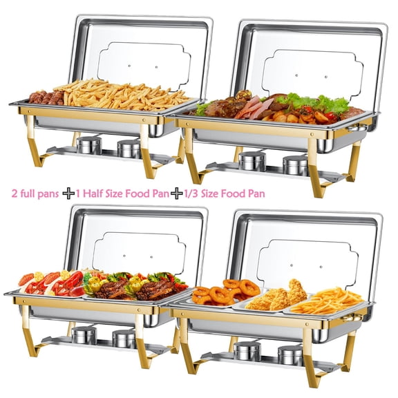 4 Pack Chafing Dish Buffet Set 9QT Stainless Steel Chafing Dishes, Single/Double/Triple Compartment, Buffet Server Food Warmer for Buffet, Birthday, Holiday Parties, and Family Gatherings-Semi-gold