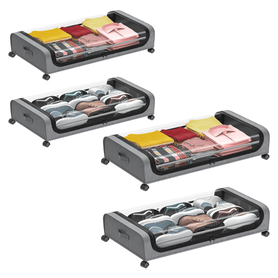 4PK Under Bed Storage Containers, Under Bed Shoe Storage With Wheels, Bedroom Storage Organization with Handles, Under Bed Storage Bins Drawer For Clothes, Blankets And Shoes, Bedding,Gary