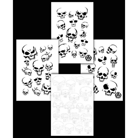4PK Camouflage Spray Paint Camo Gun Stencils Adhesive & Mylar PUNISHER & SKULLS