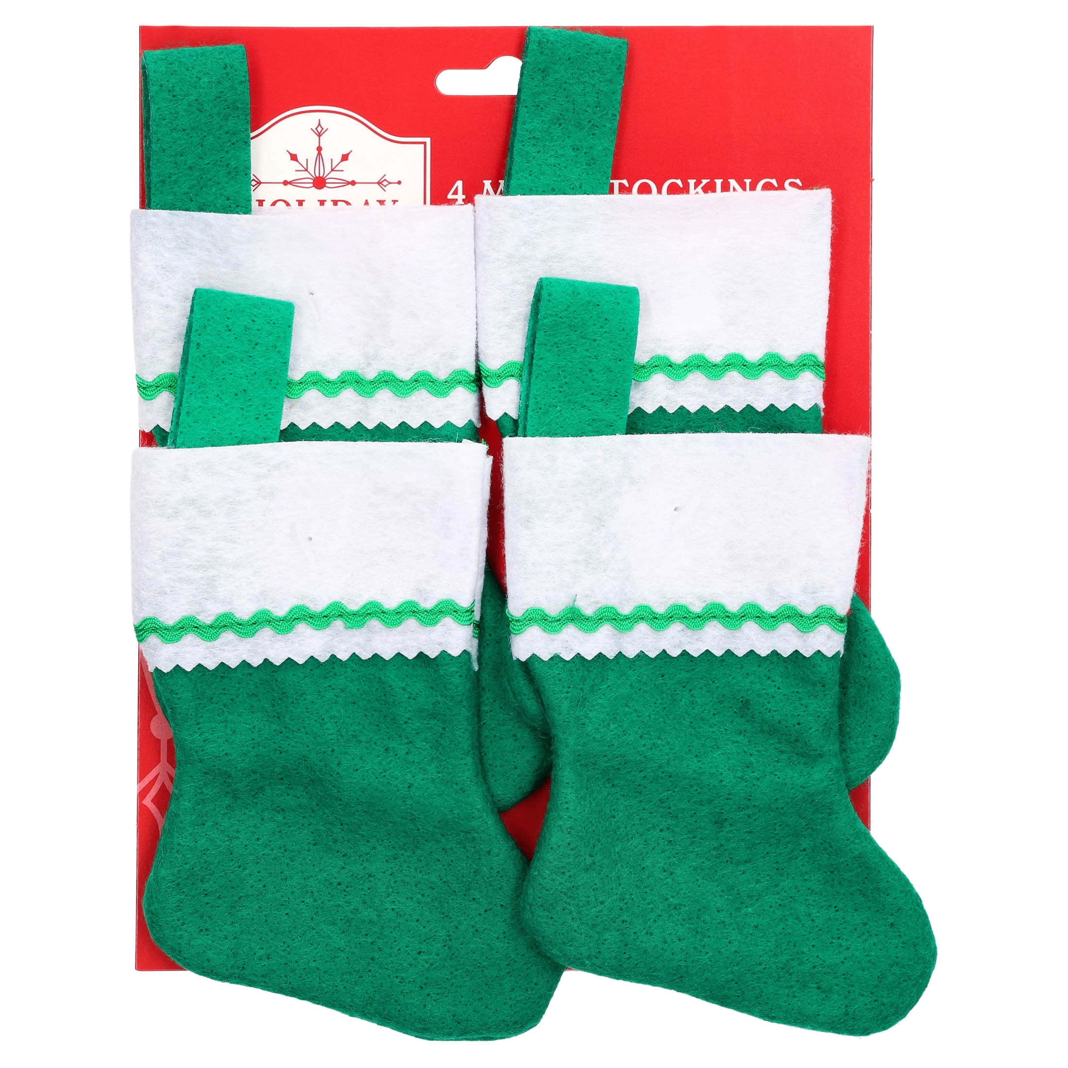 Mini Christmas Stockings, Green and White, 6", 4 Count, by Holiday Time