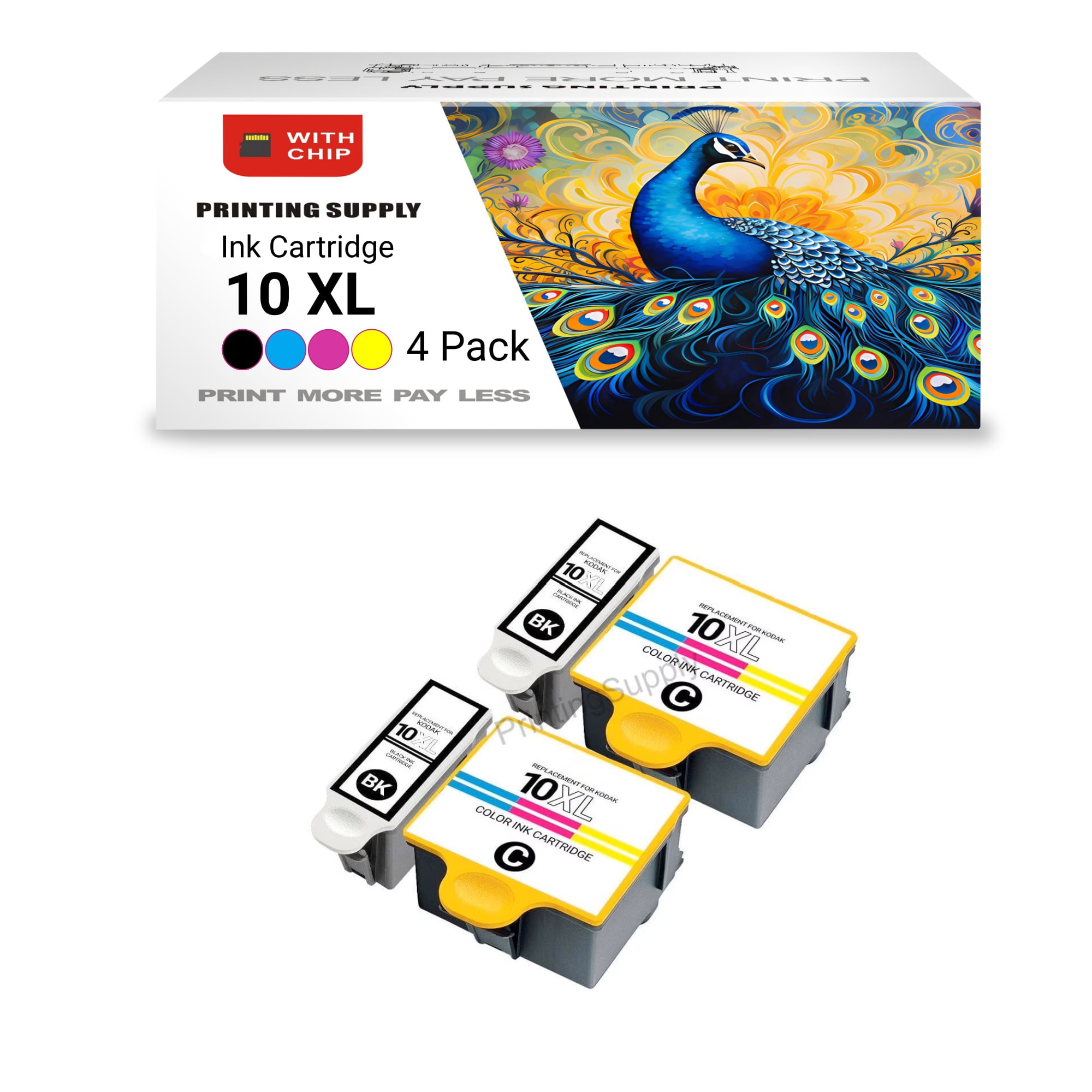 4PK High-Yield BK&Color Ink Cartridge for Kodak 10XL - Fits ESP 3/5/7/9 ...