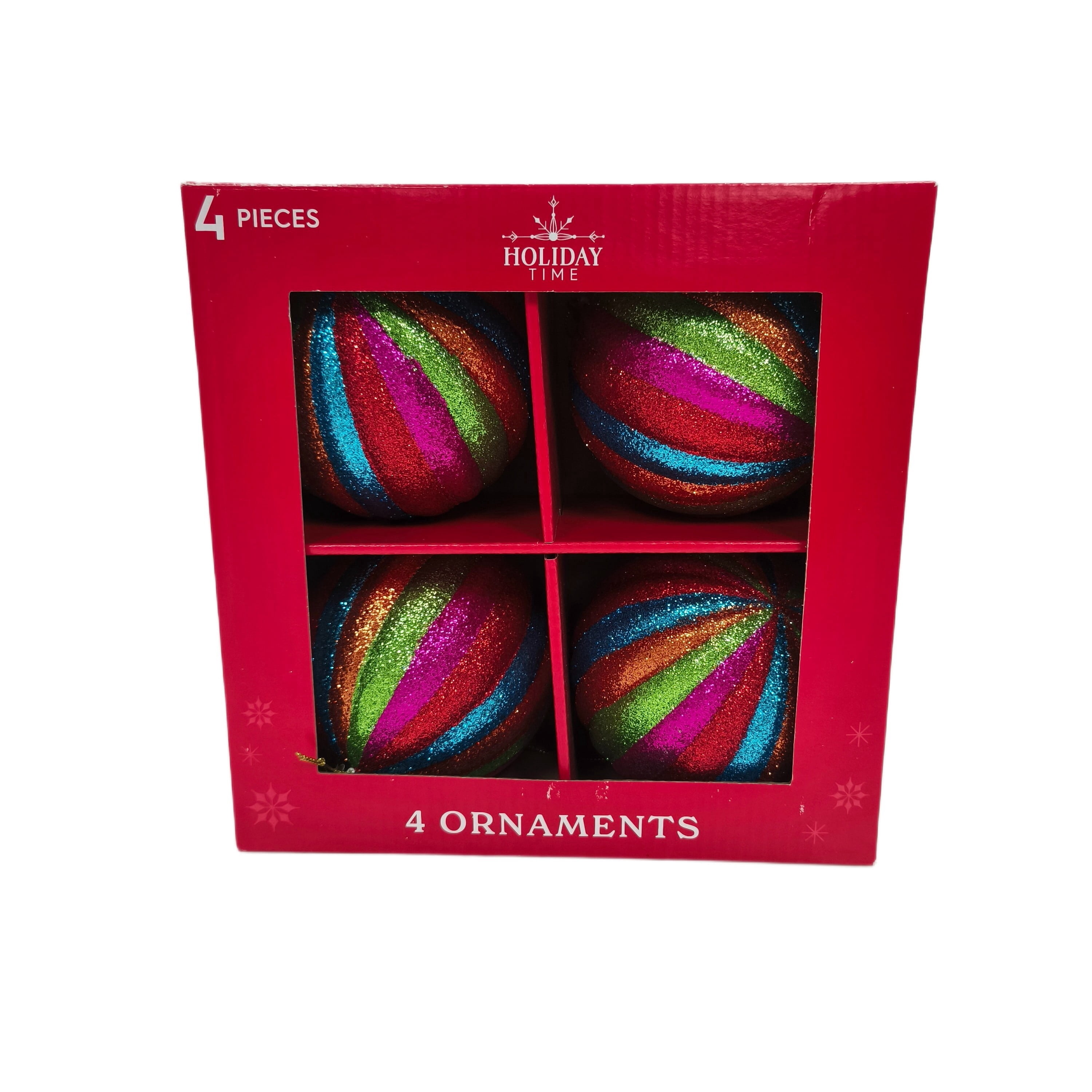 4-Count Multicolor Glitter Stripe Ball Christmas Ornaments, 3.9", by Holiday Time