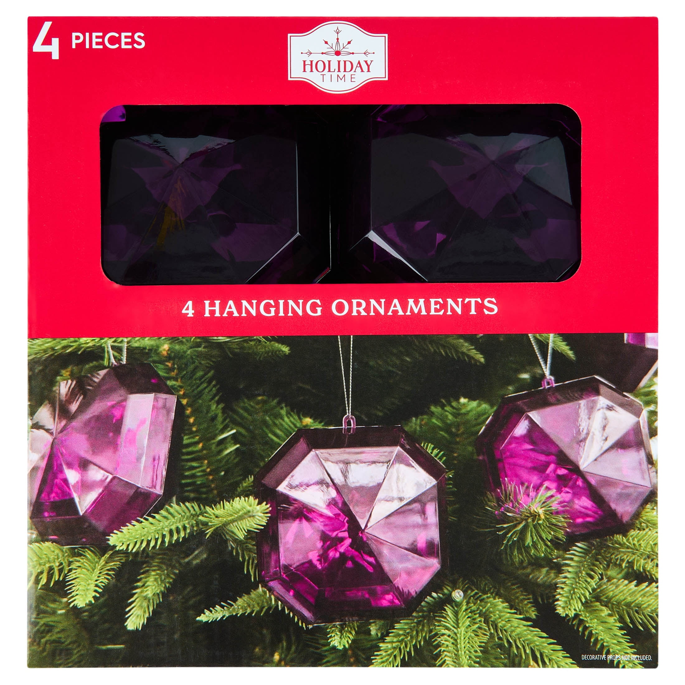 4-Count Purple Square Gem Christmas Ornaments, 4", by Holiday Time