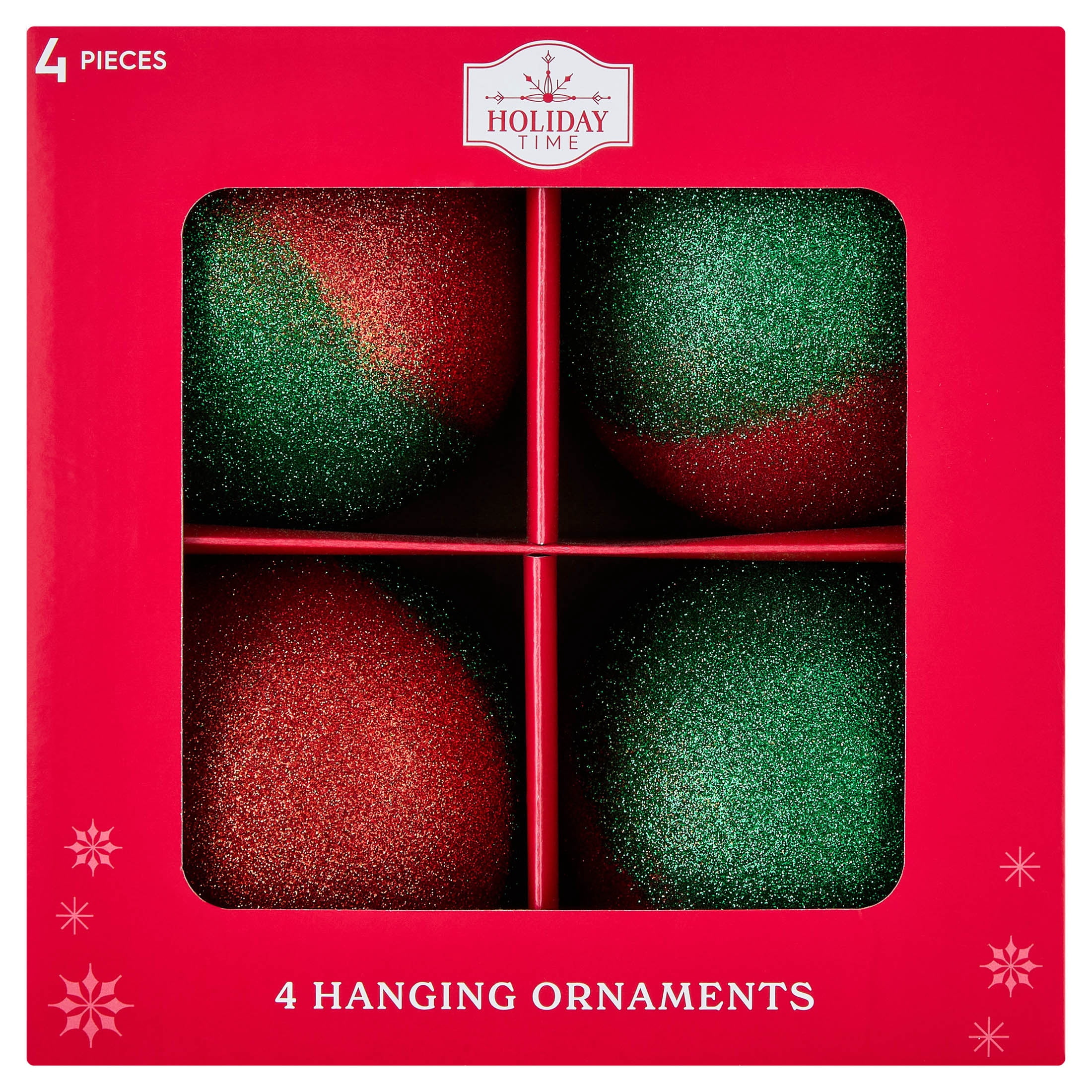 4-Count Red and Green Glitter Christmas Ornaments, 5", by Holiday Time