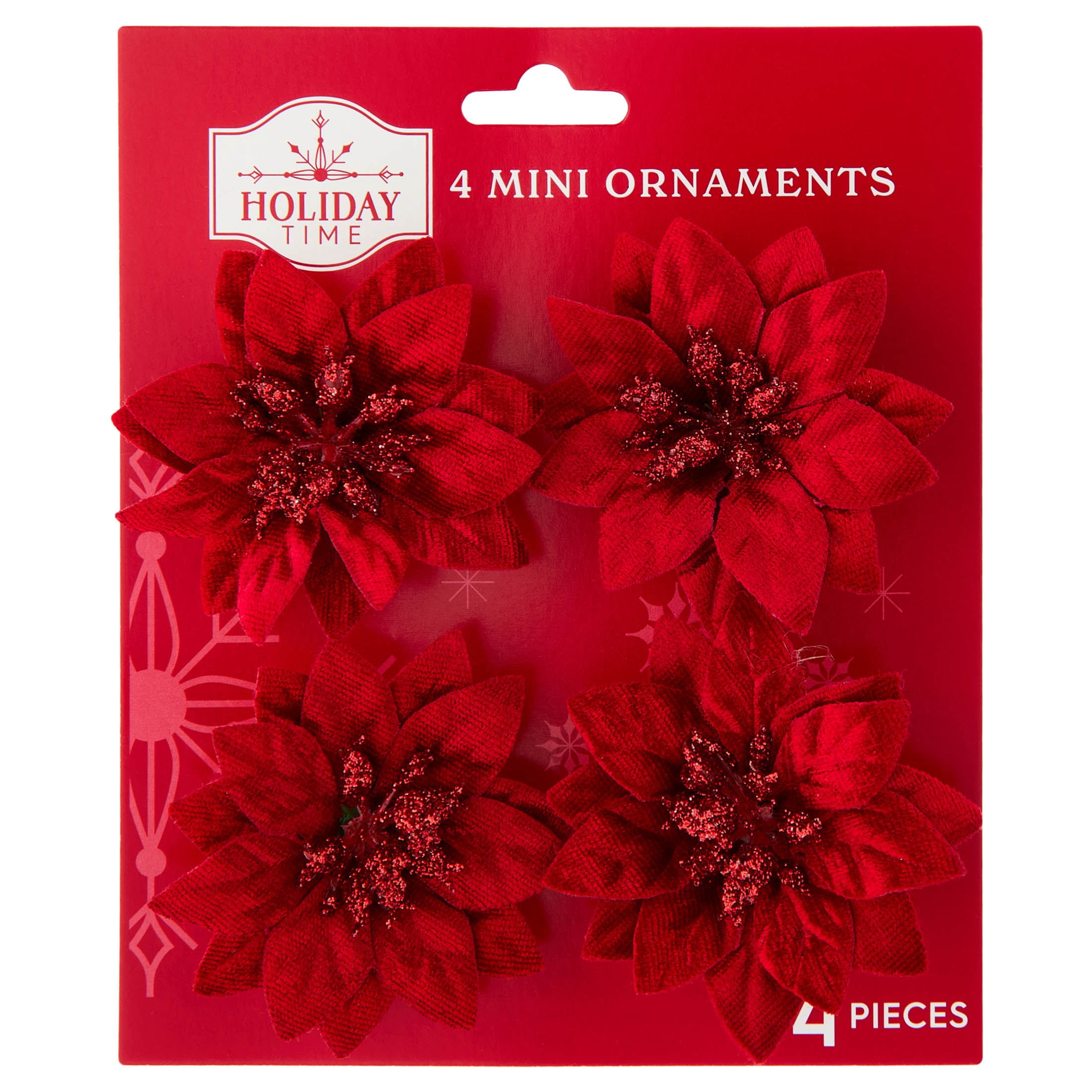 4-Count Red Poinsettia Mini Christmas Clip Ornaments, 2.5", by Holiday Time
