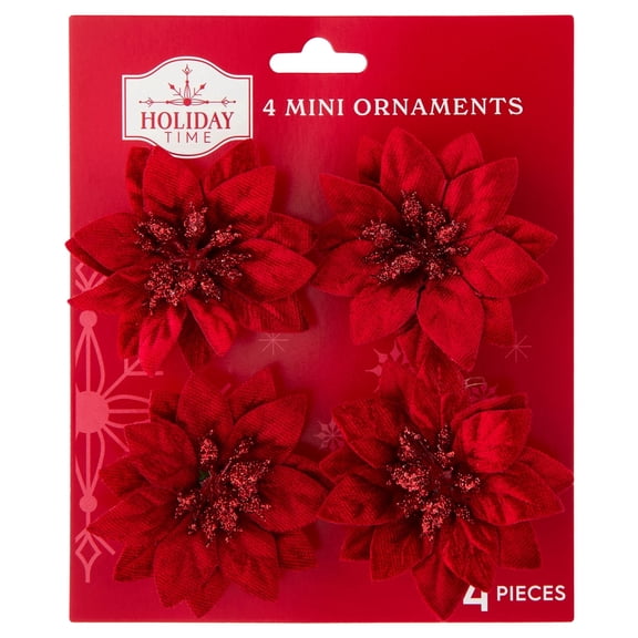 4-Count Red Poinsettia Mini Christmas Clip Ornaments, 2.5", by Holiday Time