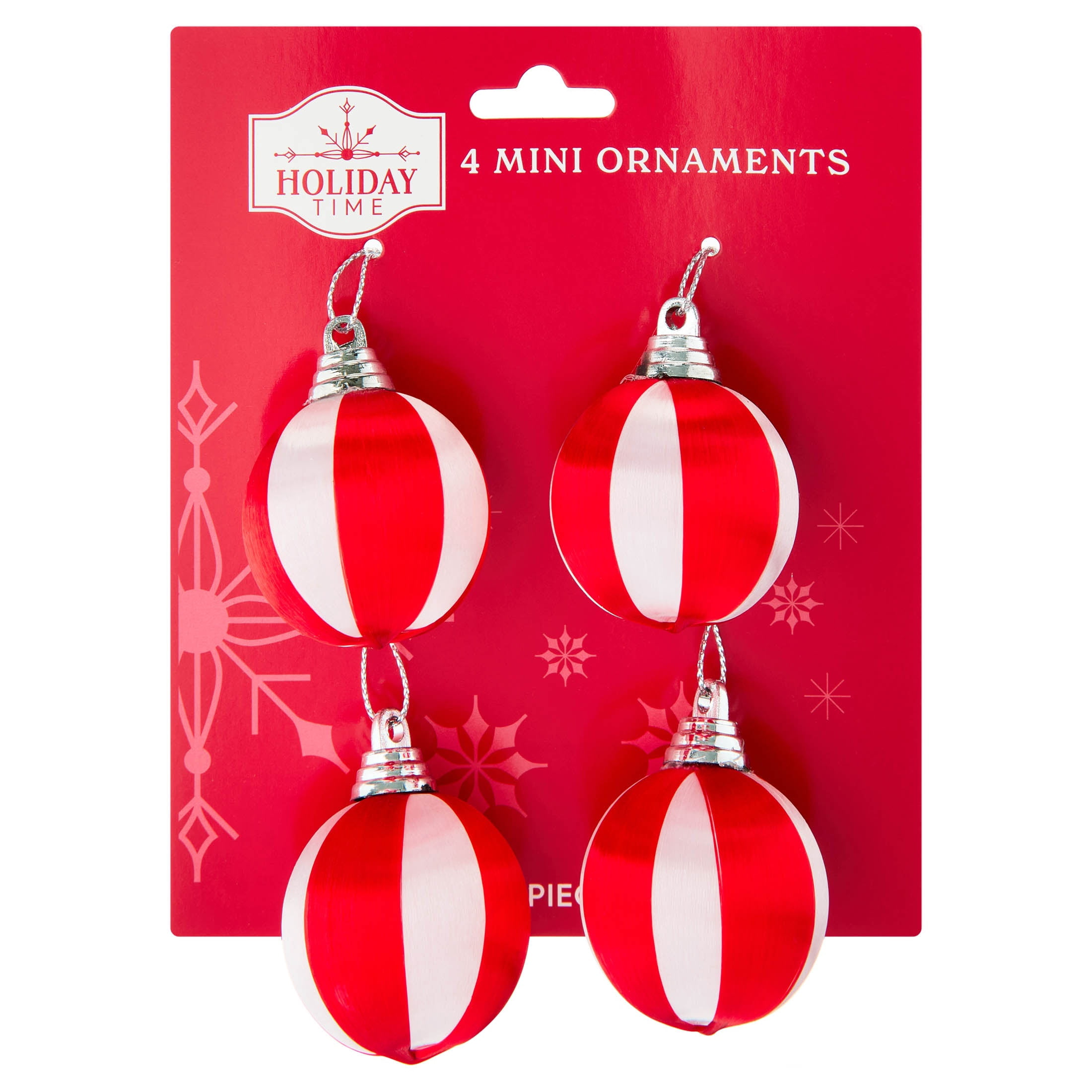 4-Count Red and White Stripe Ball Shatterproof Mini Christmas Ornaments, 1.5", by Holiday Time