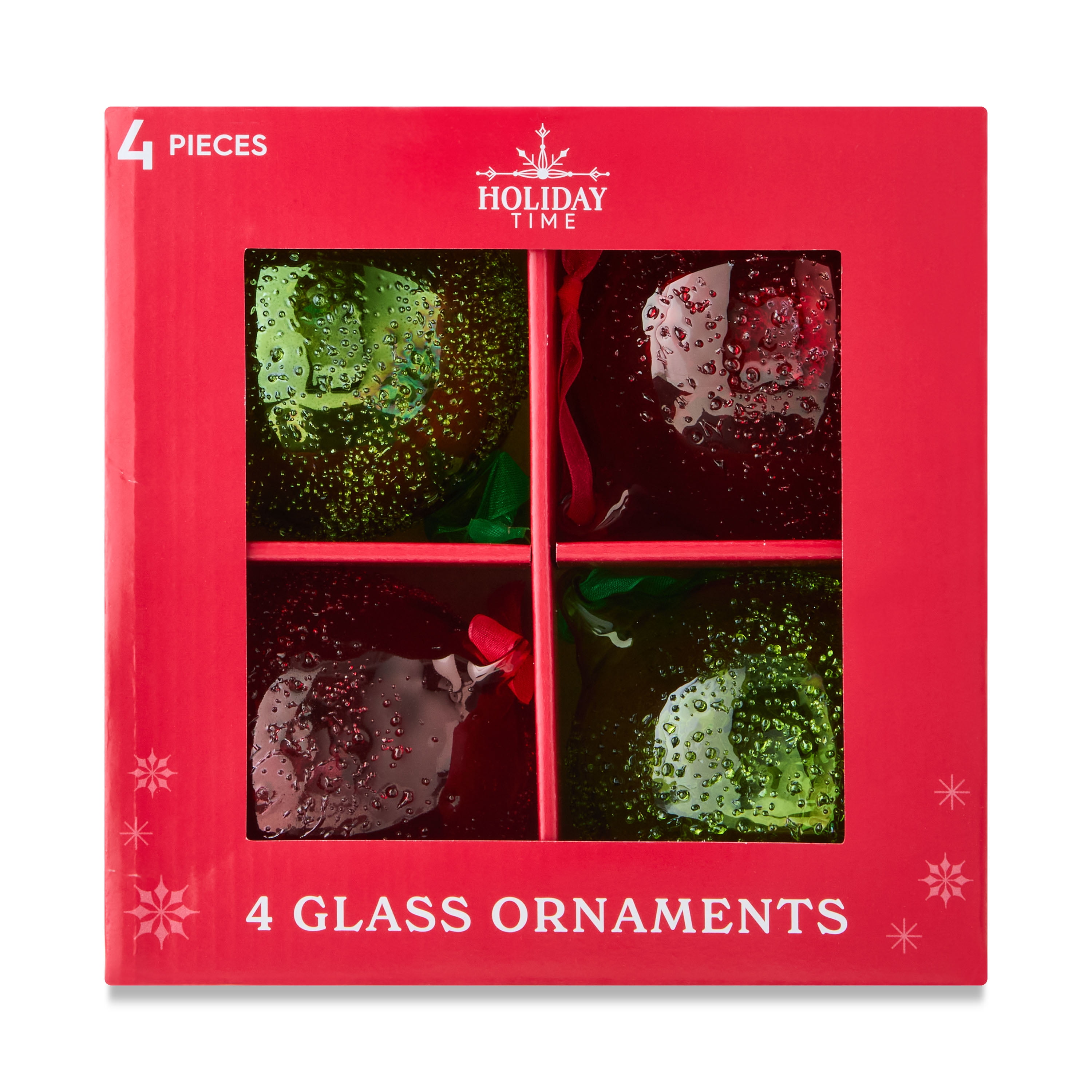 4 Count Red and Green Glass Christmas Ornaments, 3.54