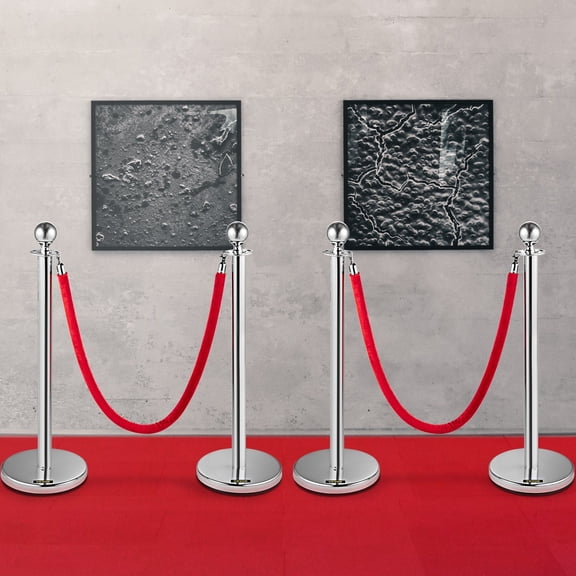 4PK Stainless Steel Stanchions with Red Velvet Ropes, 38In Retractable Belt Barrier for Crowd Control, Events & Parties Durable Queue Line Posts (Silver)