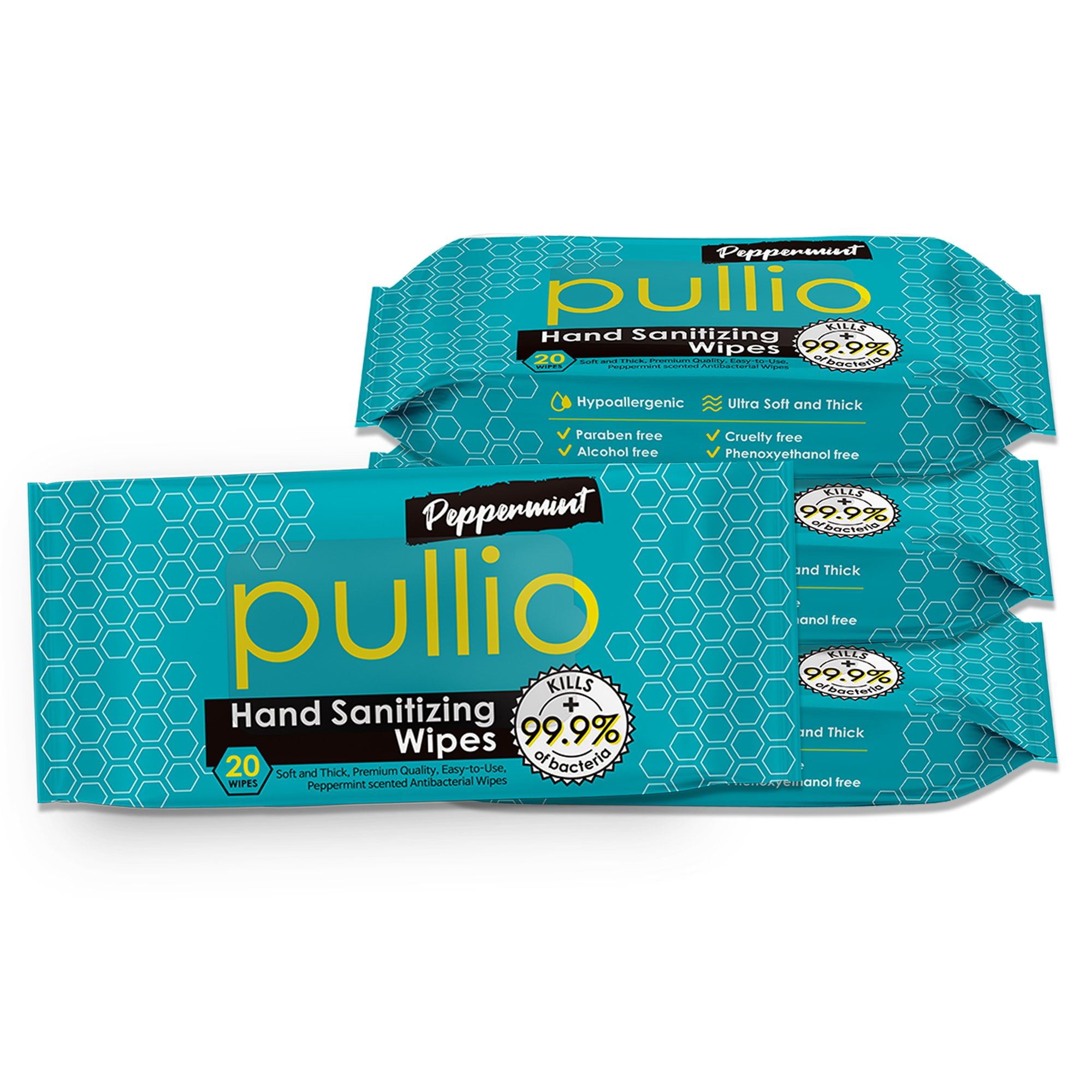 (4PK) pullio Antibacterial Hand Wipes Peppermint Scent, 20Ct