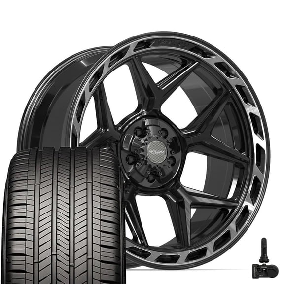 4PLAY Wheels 4P55 22 Inch Rims, Tires & TPMS Fit 5x127 & 5x139.7 22x10 Gloss Black Brushed with Tinted Clear - Goodyear Eagle Touring 285/45r22 (Set of 4)