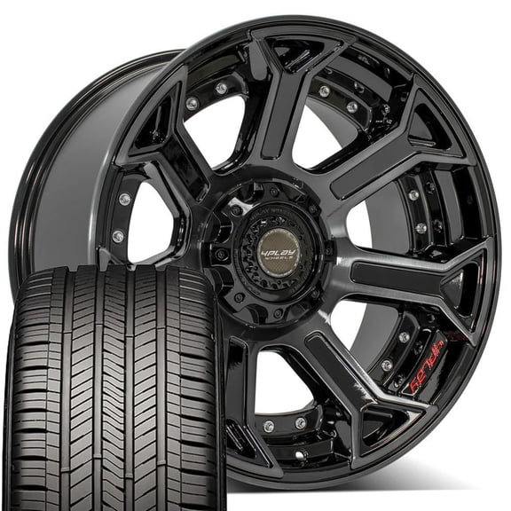 4PLAY Wheels 4P70 22 Inch Rims and Tires Fit 5x127 & 5x139.7 22x10 Gloss Black Brushed with Tinted Clear - Eagle Touring 285/45r22 (Set of 4)