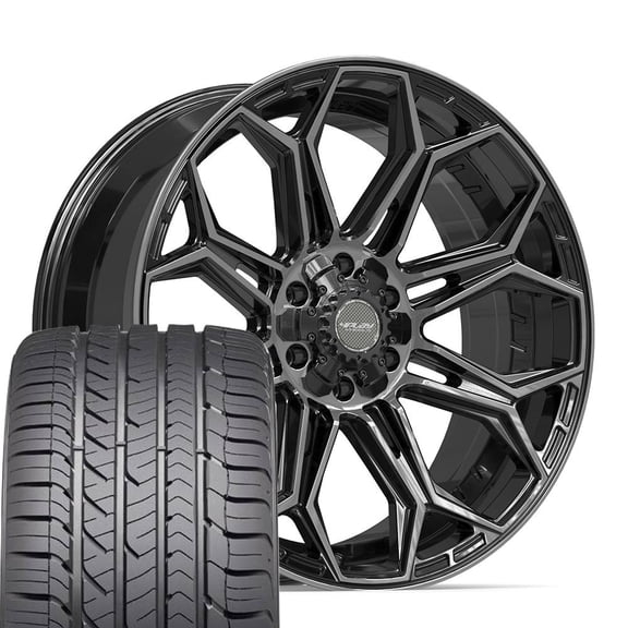 4PLAY Wheels 4P83 22 Inch Rims and Tires Fit 6x135 & 6x139.7 22x9 Gloss Black Brushed with Tinted Clear - Eagle Sport 285/45r22 (Set of 4)