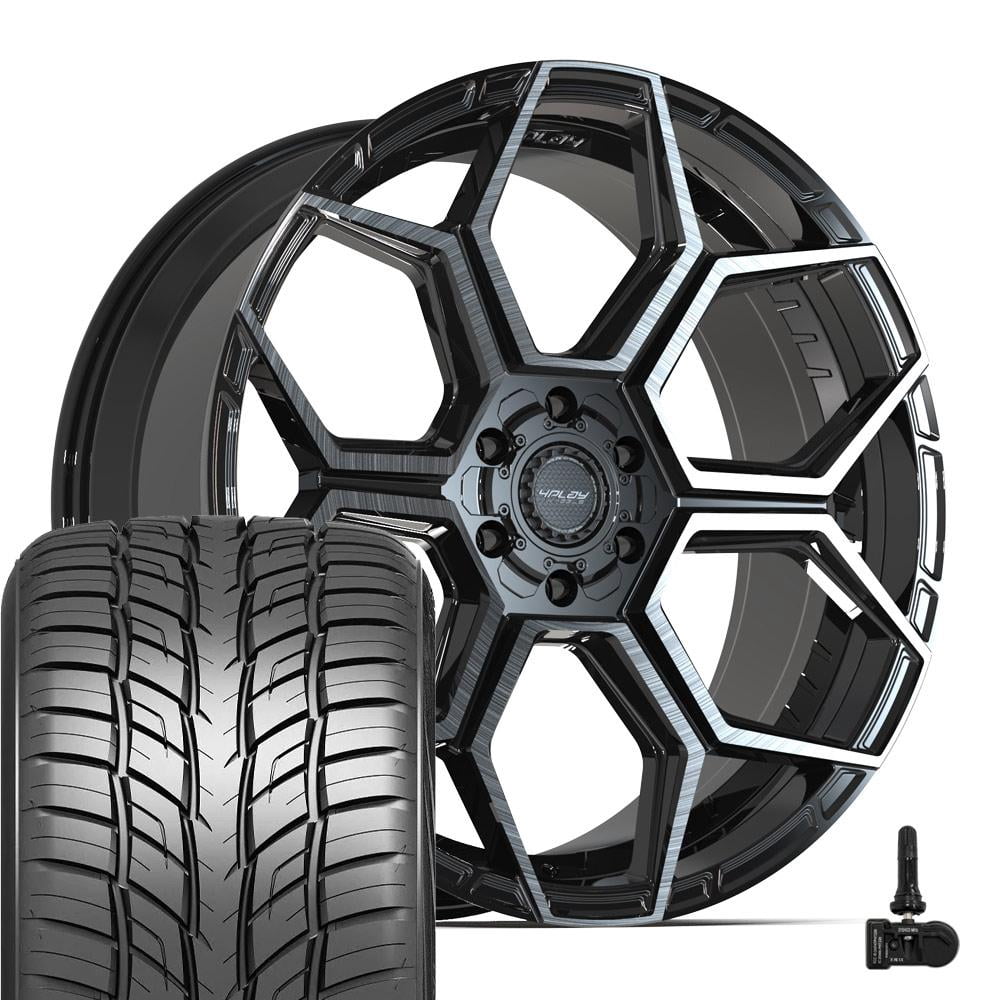 4PLAY 4PS26 24x10 Black Rims, 295/35R24 Tires & TPMS Set 6X139.7 +18ET ...