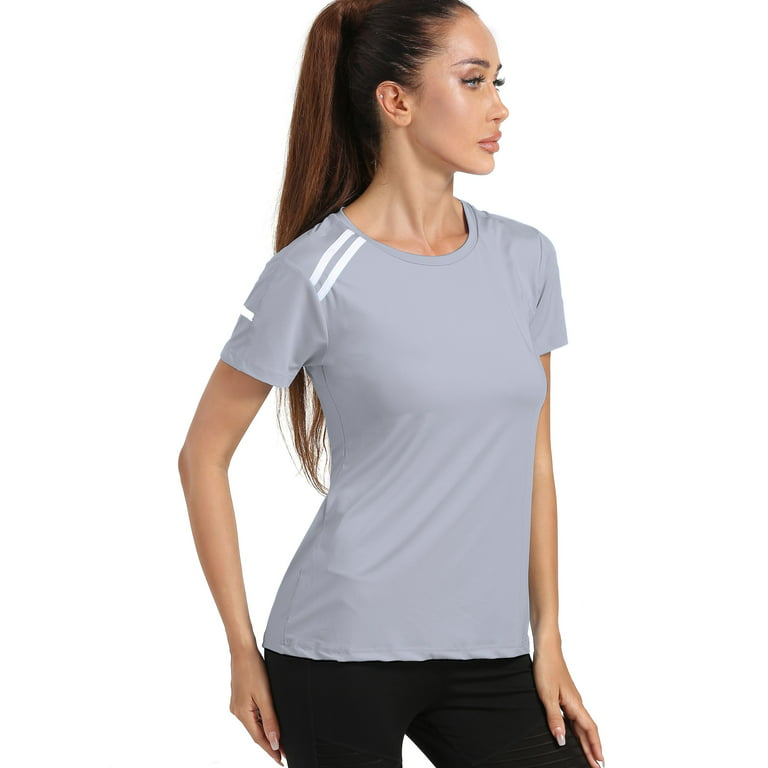 4POSE Women's Short Sleeve Active T Shirt Quick Dry Athletic Yoga Tops Gray  L