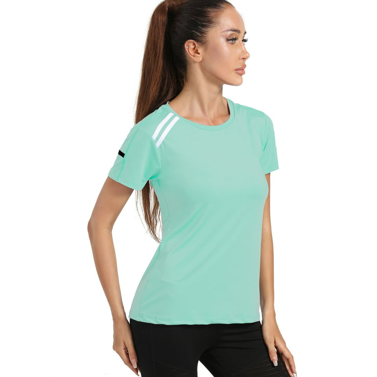 4POSE Women's Short Sleeve Active T Shirt Quick Dry Sports Yoga Tops Light  Green M