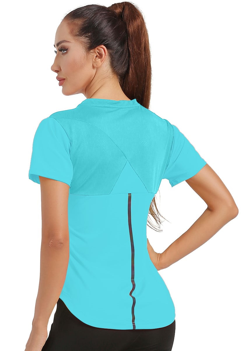 4POSE Women's Short Sleeve Mesh Workout T-Shirt Quick Dry Athletic Yoga  Tops,Blue,L 