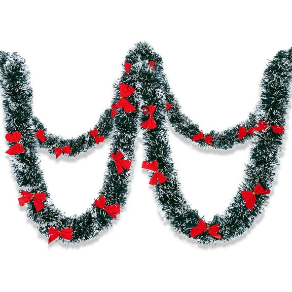 4PS Christmas Tinsel Garland with Red Bows for Christmas Tree Indoor Outdoor Decorations Supplies