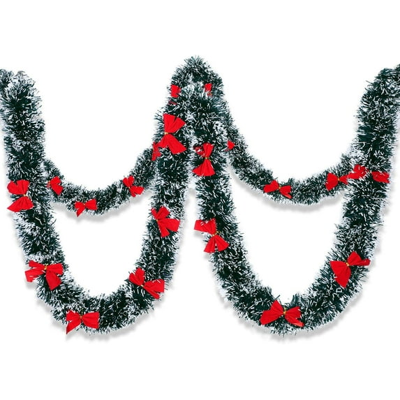 4PS Christmas Tinsel Garland with Red Bows for Christmas Tree Indoor Outdoor Decorations Supplies
