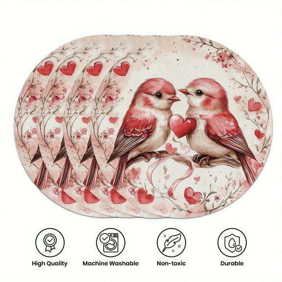 4PS Pink Lovebird Heart-Shaped Placemats for Valentine's Day - Non-slip, heat-resistant round placemats, suitable for couples, anniversaries, weddings, and parties.