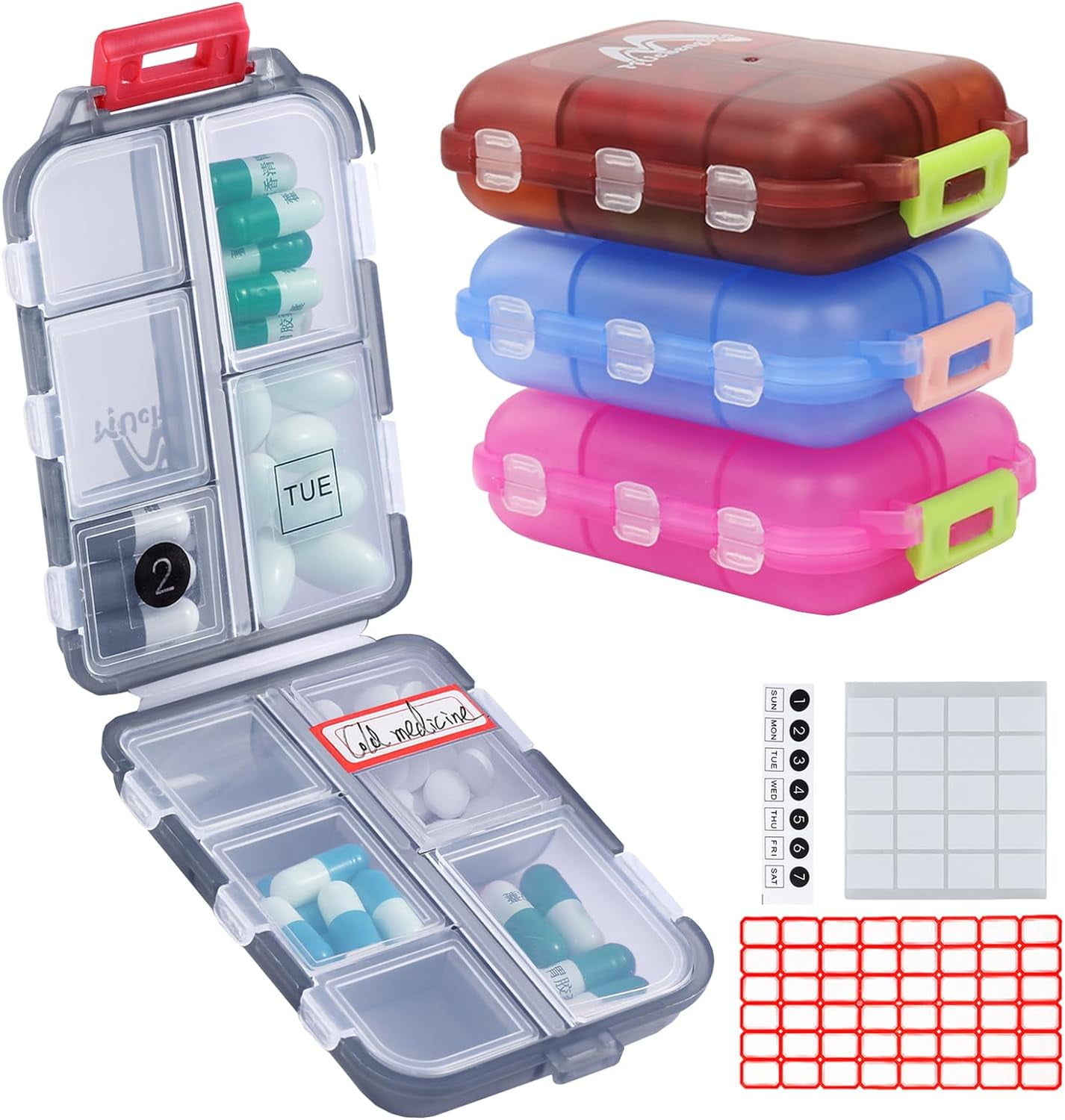 4PS Travel Pill Organizer with 164 Slice Labels，10 Compartments Travel ...