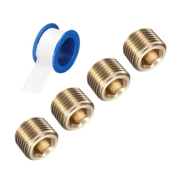 4Pack 1/8 PT Brass Pipe Plug Fitting, Male Thread Internal Hex Socket Pipe Cap, Countersunk Plug for Sealing Pipe Port, Pneumatic Solenoid Valve