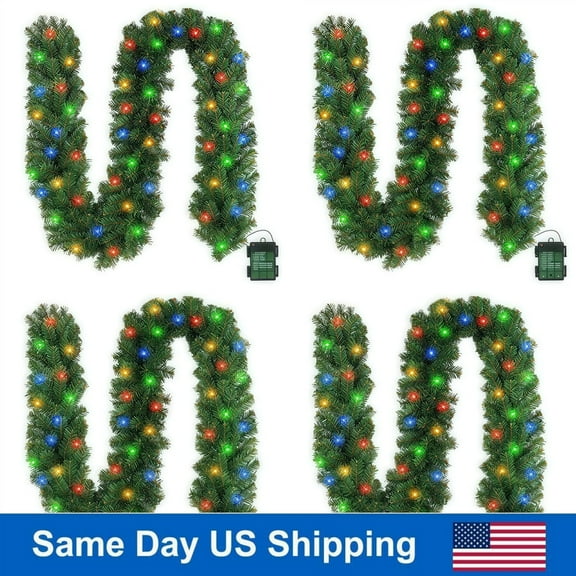 4Pack 10FT Colorful LED Christmas Garland, Remote Control & Timer, RGB Multi-Color Lighting on Durable Faux Pine for Xmas